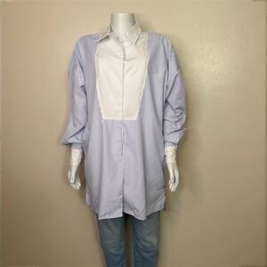 Blue and white striped oversized contrast white bib front tuxedo style shirt